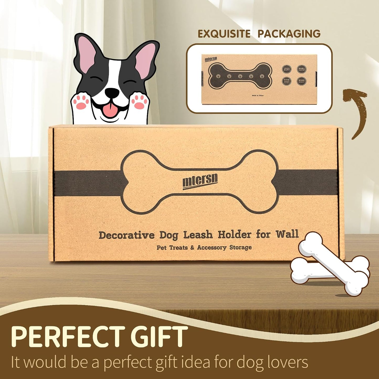 MTERSN Dog Leash Holder Wall Mount with 3D Paws Hooks, Distressed White | Bone-Shaped Dog Leash Holder for Wall, Leash Holder, 5 Dog Leash Hook, Pet Accessories Storage, Gift for Dog Lovers