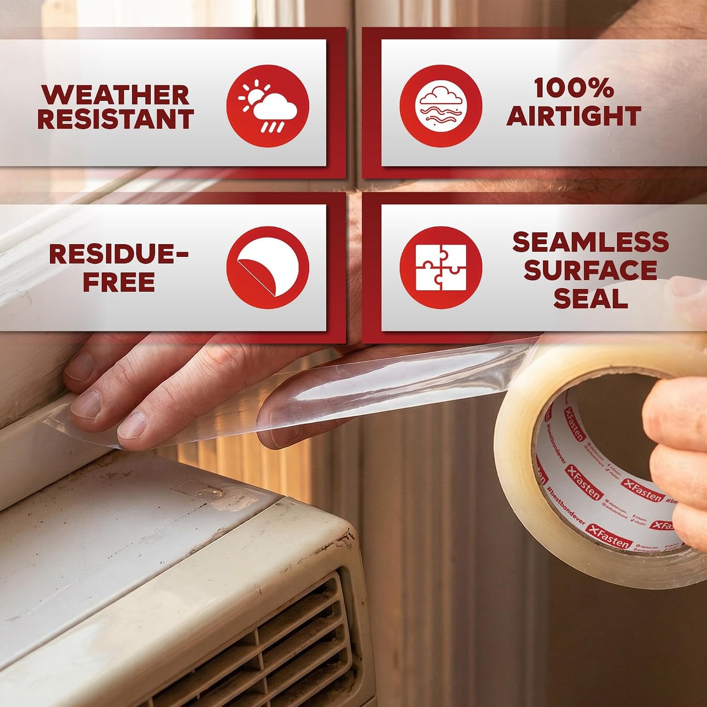 XFasten Window Weather Sealing Tape for AC Gaps, No Residue 2 Inch x 105 Feet, 8.7 Mil Thick Removable Air Conditioner Tape for Window Sealing, Door Gap Insulation, Summer Heat, Dust, Winter Drafts