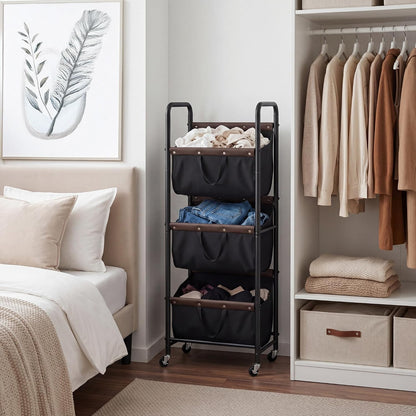GRANNY SAYS 3 Tiered Laundry Sorter, Narrow Hamper Cart with Wheels | Sturdy 3 Section Laundry Basket with Wheels, Vertical Beige Hamper Cart for Bedroom, Bathroom, Apartment