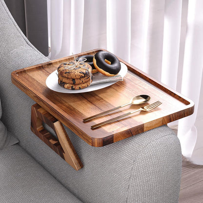 Acacia Wood Couch Arm Tray，Folding Sofa Armrest Table | Clip-On Couch Desk,Foldable, Non-slip,No Assembly，for Drinks Snacks Phone，Remote Control