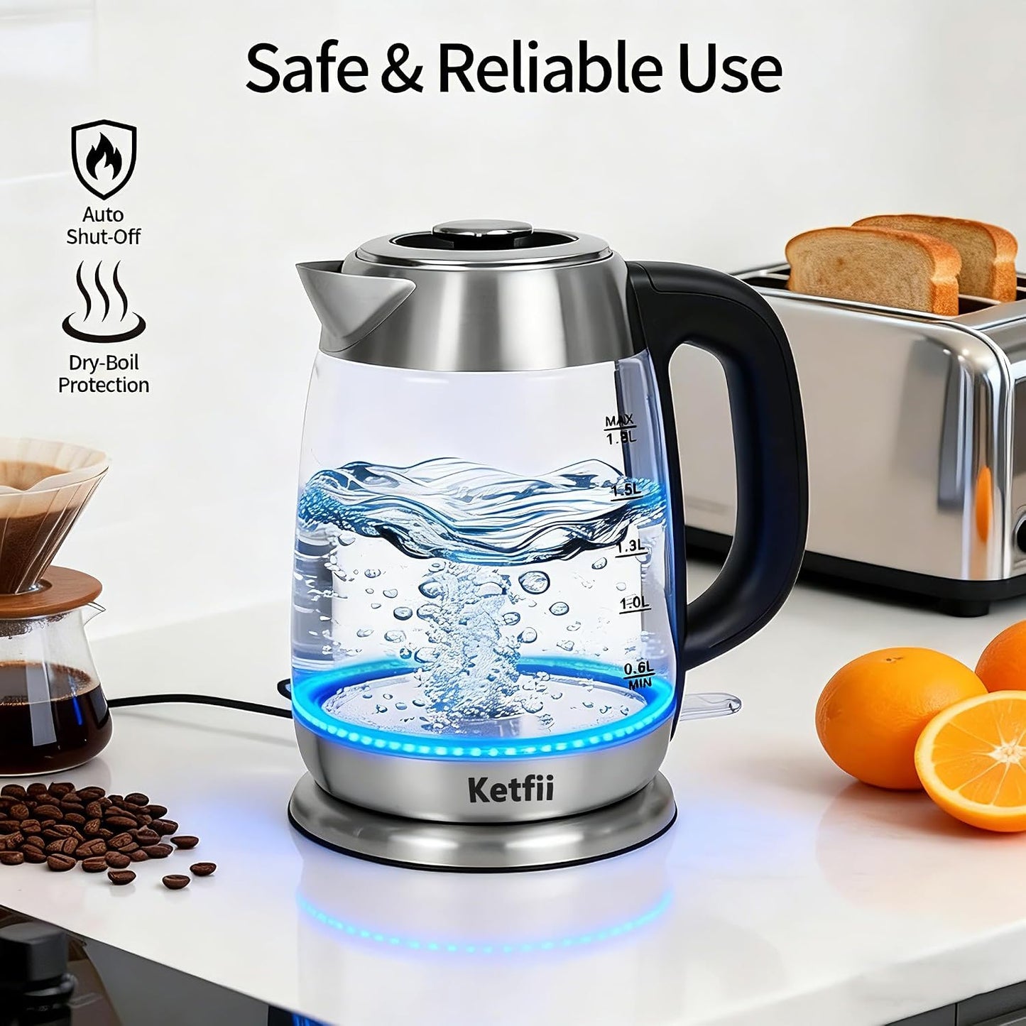 Electric Kettle 1.8 L, Stainless Steel & Glass, No Plastic, Fast Boiling | Coffee Tea Hot Water Boiler 1200W, Auto Shut Off, Boil-Dry Protection, BPA-Free, Borosilicate Glass, Removable Lid, LED Light