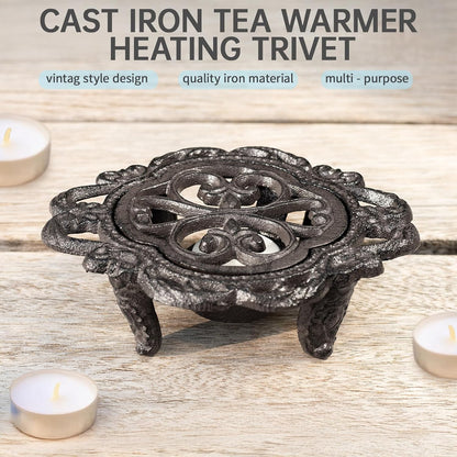 6.1 Inches Cast Iron Teapot Warmer Dish Cups Trivet,Flower-Shaped Design with Tealight Holder - Heavy Duty & Decorative Candle Holder Stands for Heat Food Coffee Milk or Tea