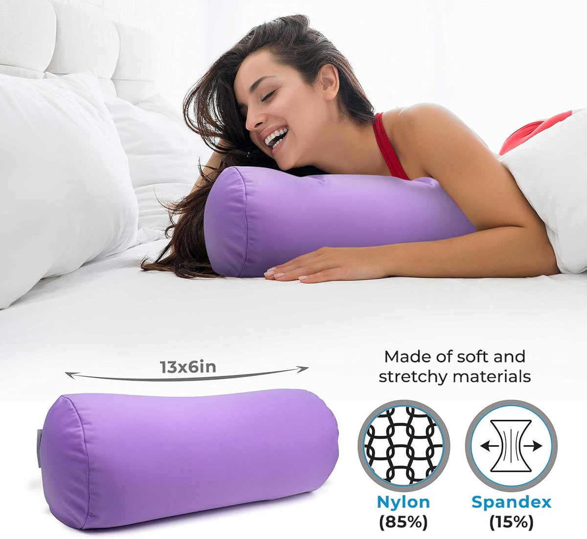 Squishy Deluxe Tube Microbead Bolster Pillow with Stay-Cool Fill & Silky Removable Cover, Flexible, Head, Neck & Back Support for Home & Away, Carrying Case, 13 x 6 inches, Grey