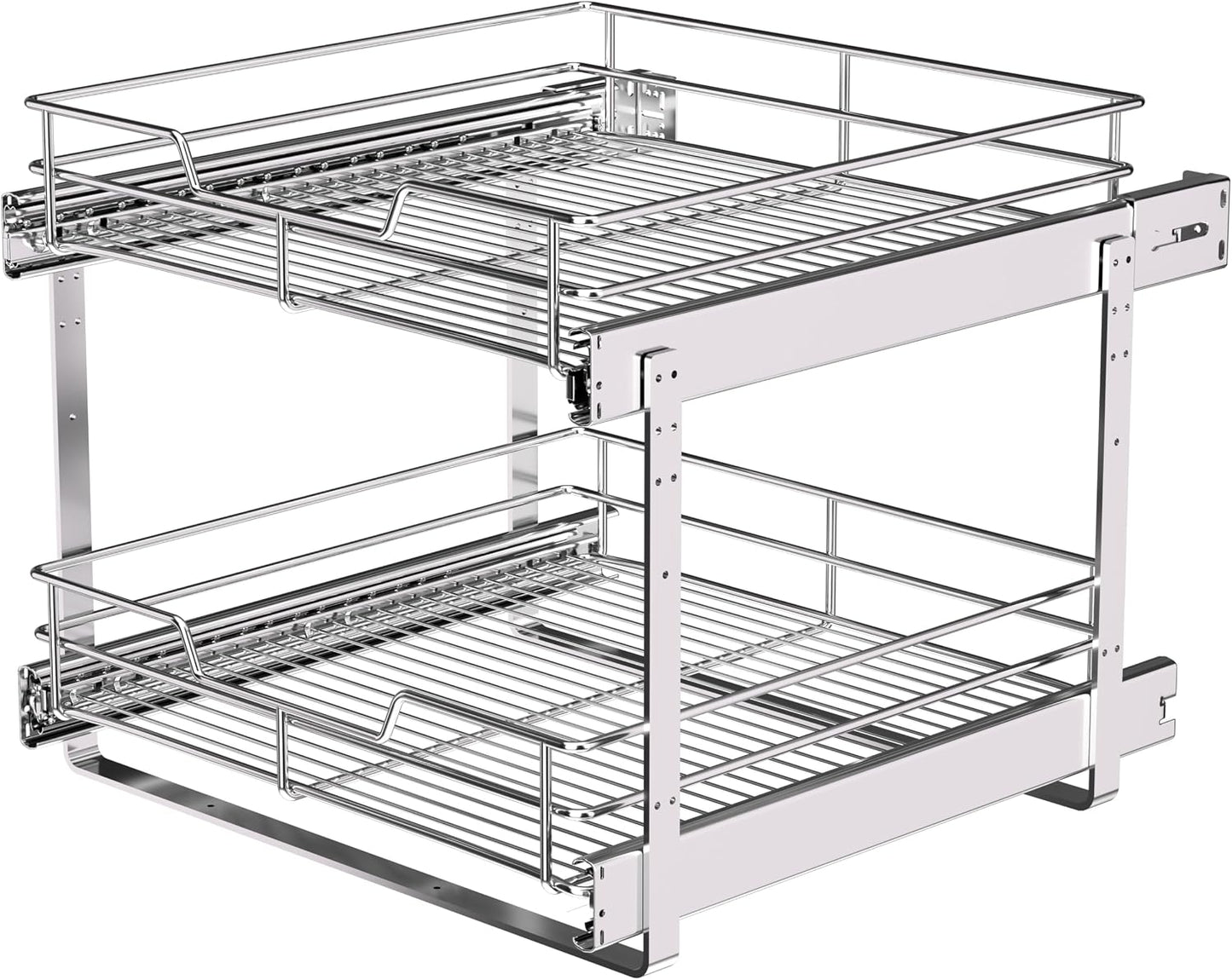 2-Tier Cabinet Pull Out Shelves, 14" W x 22" D, Chrome | Heavy-Gauge Wire Kitchen Cabinet Organizer, 100 lbs Capacity, Ball-Bearing Glides, Min 15" Opening, For Tupperware & Bowls