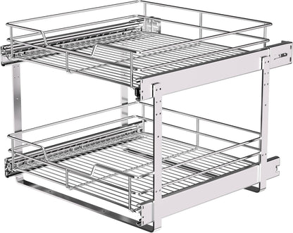 2-Tier Cabinet Pull Out Shelves, 14" W x 22" D, Chrome | Heavy-Gauge Wire Kitchen Cabinet Organizer, 100 lbs Capacity, Ball-Bearing Glides, Min 15" Opening, For Tupperware & Bowls
