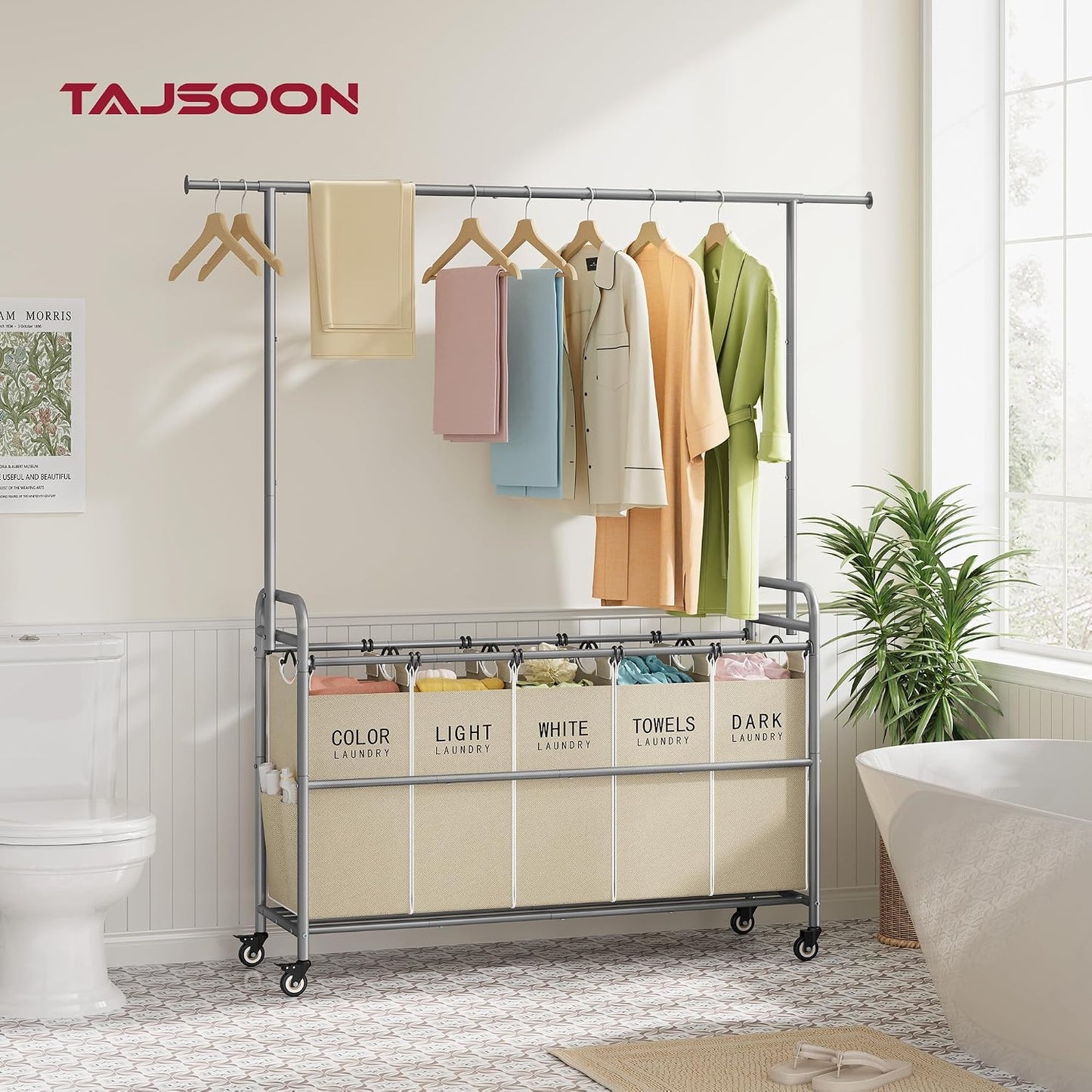 Laundry Cart with Hanging Rack, 65 Gal. Large Laundry Hamper, Beige | Rolling Laundry Cart with Hanging Bar with Removable Bag and Lockable Wheels, Separator Hamper Cart for Bedroom, Bathroom