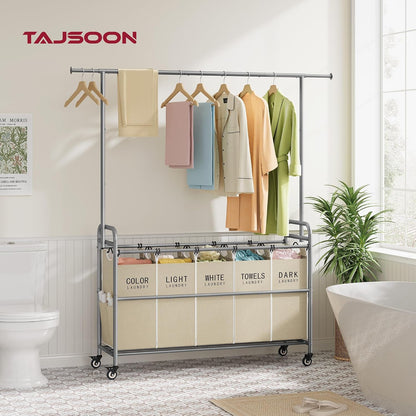 Laundry Cart with Hanging Rack, 65 Gal. Large Laundry Hamper, Beige | Rolling Laundry Cart with Hanging Bar with Removable Bag and Lockable Wheels, Separator Hamper Cart for Bedroom, Bathroom