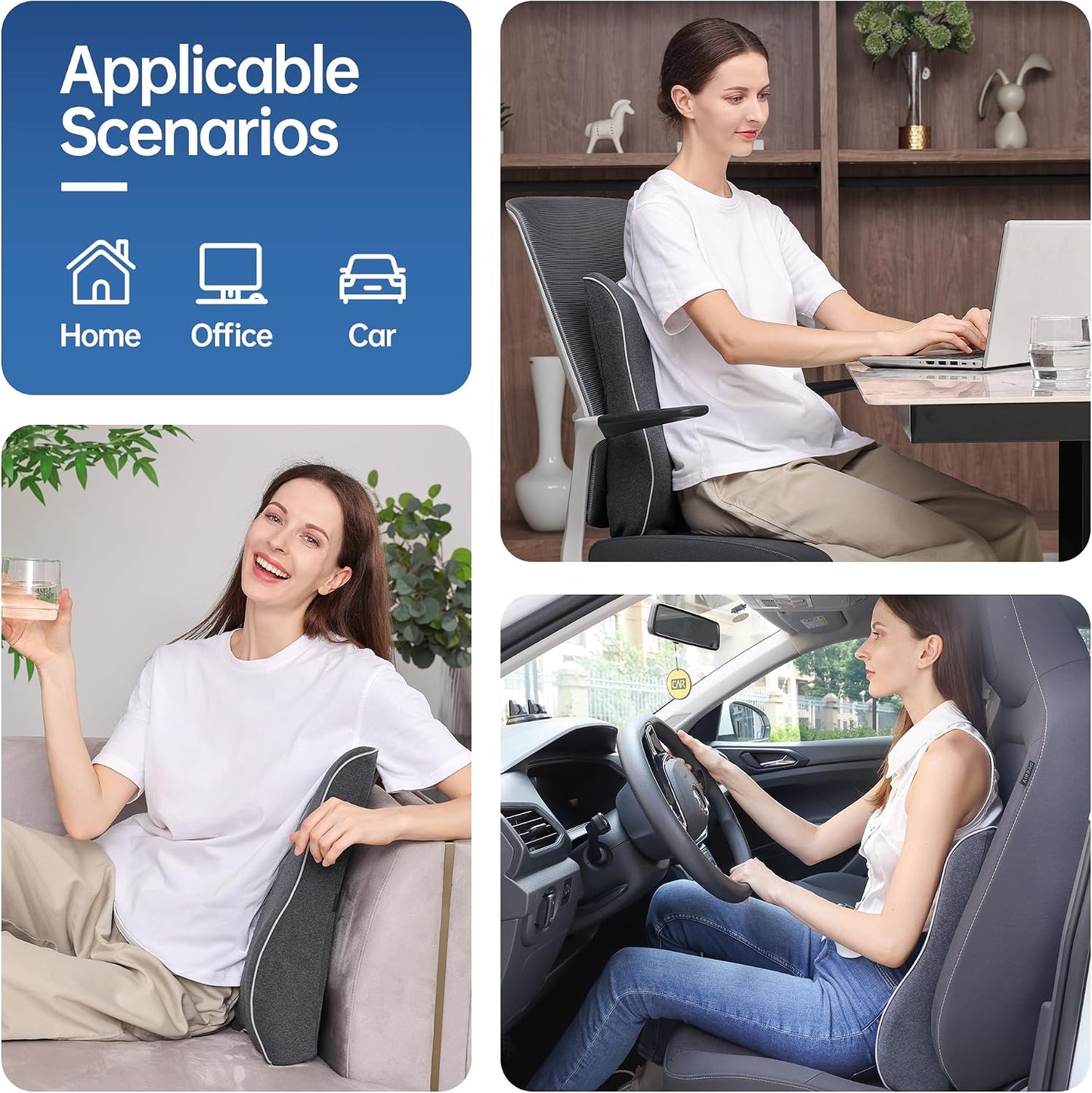 Soft Comfortable Memory Lumbar Support Pillow Back Cushion for Offic | Built-In Adjustable Straps Secure Reduce Back Soreness Pressure Distribution Breathable Premium Fabric Long-lasting Support
