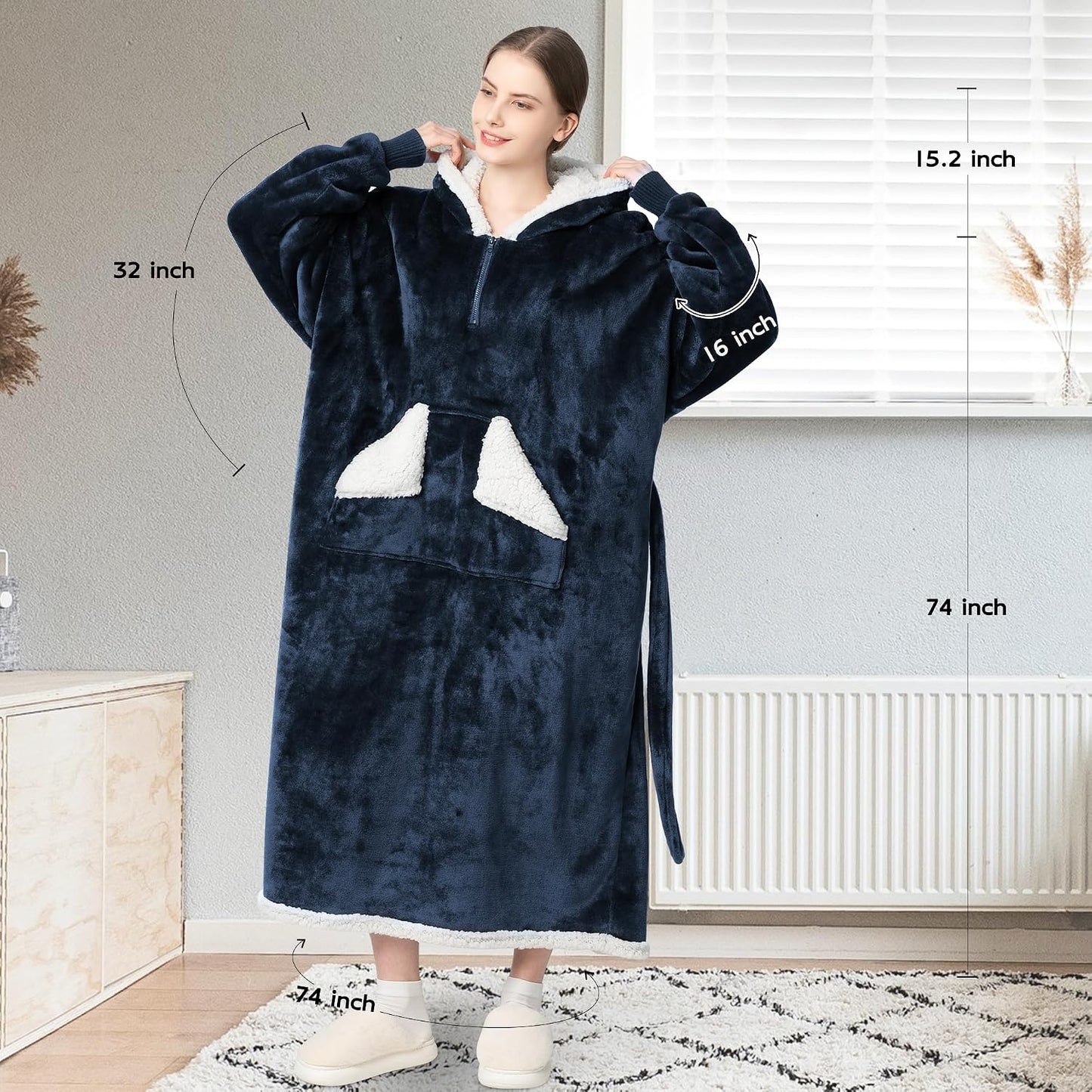 Wearable Blanket Hoodie, Oversized Sherpa Fleece Sweatshirt Blanket with Giant Hood Pocket and Sleeves for Adult, Warm & Cozy Grey Blanket Gifts for Women