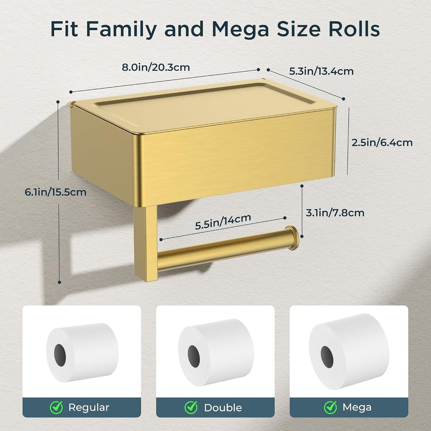 FORIOUS Toilet Paper Holder with Shelf, Wall-Mounted Modern Wipes Dispenser | Brushed Nickel | Toilet Paper Holder with Storage for Bathroom | Fits Wipes, Sanitary Napkin, Tampon | 8.0"x5.3" Large Shelf