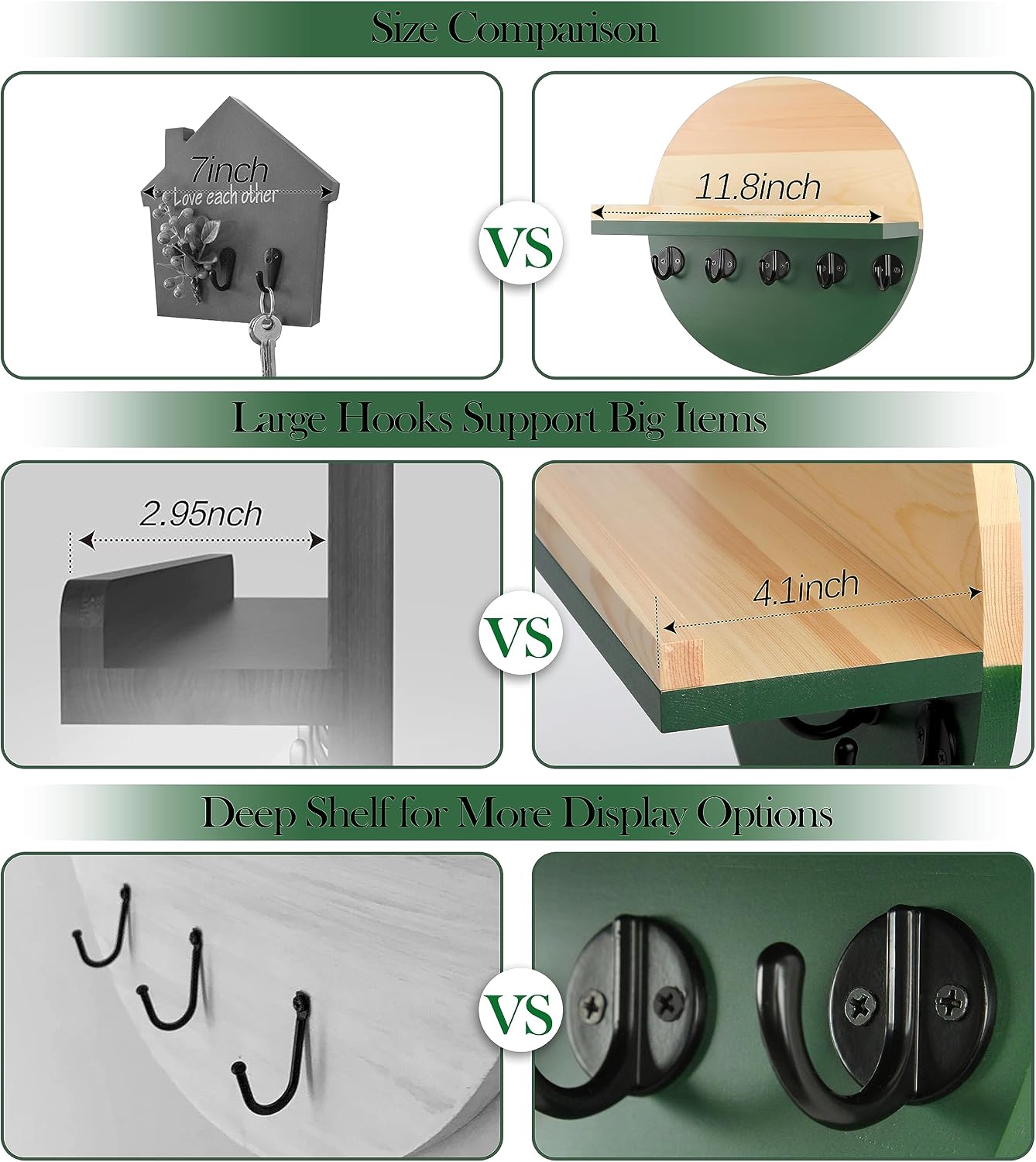 Gurfuy Key Holder for Wall with Shelf - Wood Mail Organizer and Rack with Shelf Hooks Wall Mounted for Entryway Decor Magazines Letter Storage Farmhouse Living Room Bedroom Doorway Green