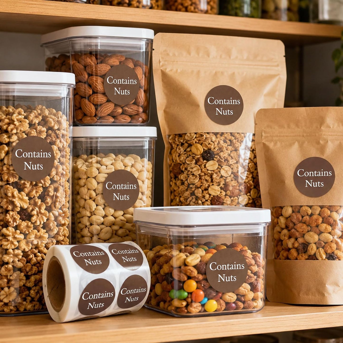 Contains Nuts Stickers Round Allergies Food Rotation Labels Allergy Sticker | 1" Allergen Allergy Warning Sticker Per Roll Retail Packaging Stickers for Jars Glass Bottle,Retail Packaging 500 Pcs