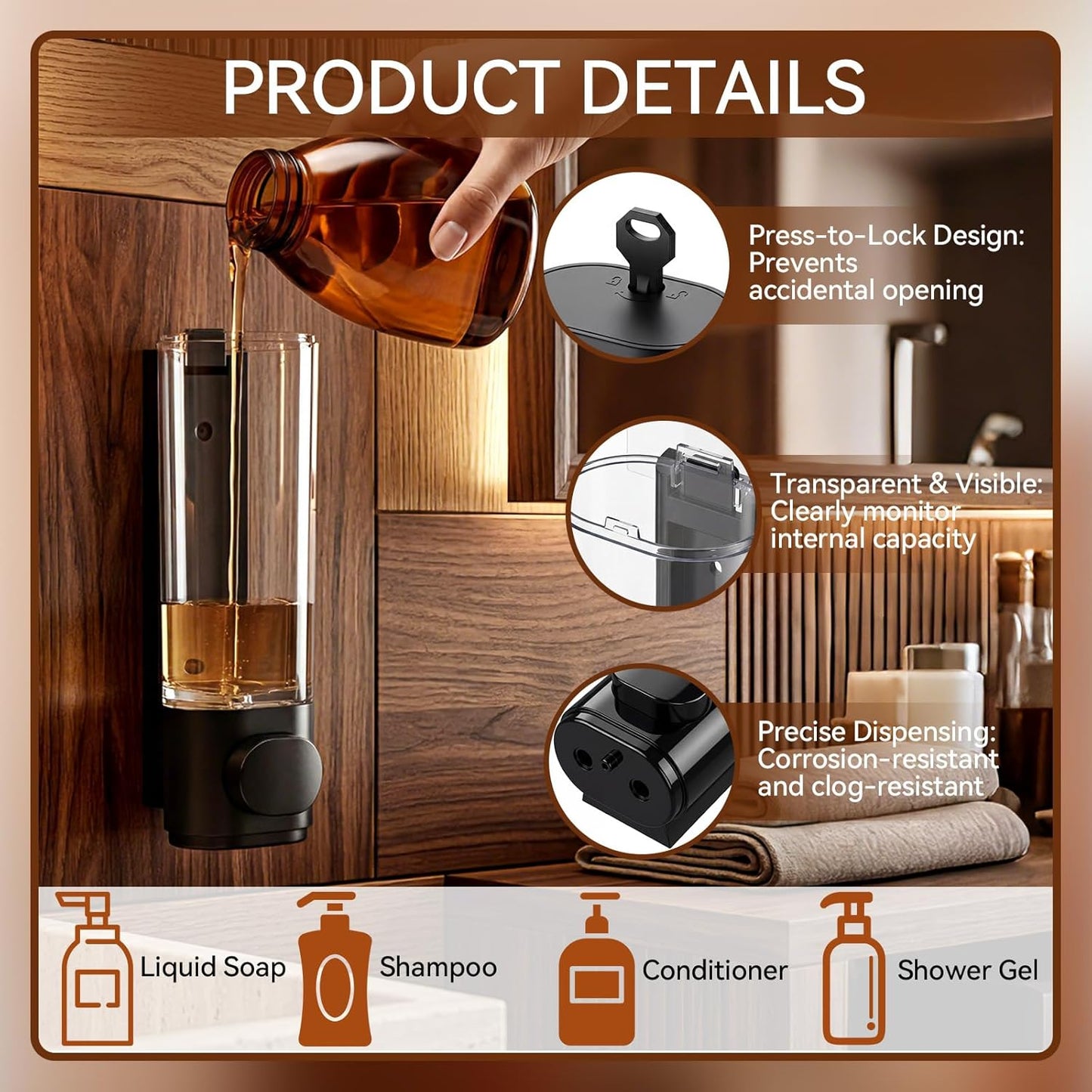 4 Pcs Manual Bathroom Wall Mounted Soap Dispenser, 300ml White Kitchen Bathroom Commercial Shower Clear Refillable Soap Dispenser Clear Plastic Refillable Liquid Lotion Pump and Organizer