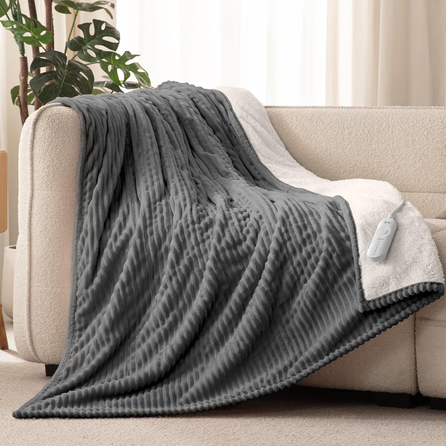 Heated Throw Blanket, 5 Heat Levels, 3 Hours Auto-Off, White | ETL & FCC certified, 50" × 60", OEKO-TEX fabric, machine washable, 100W low energy