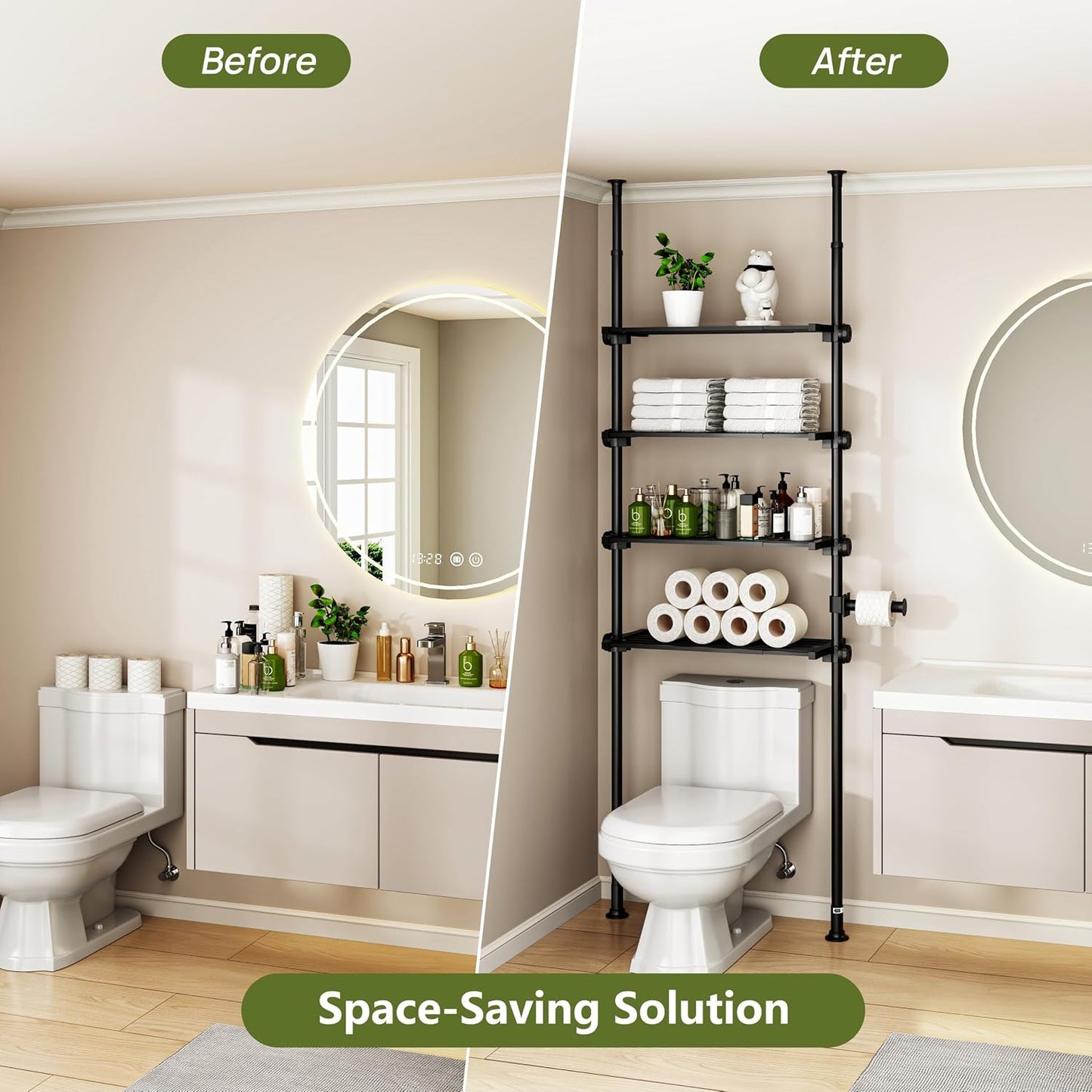 ALLZONE Adjustable Over The Toilet Storage Shelf, 4-Tier Ample Bathroom Organizer and Storage, Tension Mounted Above Toilet Storages Cabinet for Versatility, Fits 66-113 Inch Heights, Black