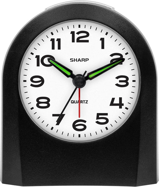 Sharp Battery-Powered Analog Alarm Clock, Silent Sweep, Snooze and Light | Silent no-tick movement; Ascending beep alarm; Gentle wake; Snooze; On-demand light; Compact size; Battery operated; Black