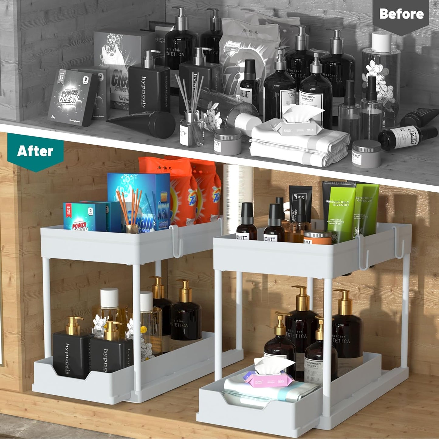 DEKAVA Under Sink Organizer 2 Pack, Bathroom Cabinet Organizer, 2 Tier Sliding Cabinet Basket Organizer Drawer, Multi-Purpose Bath Collection Baskets for Bathroom (Black)