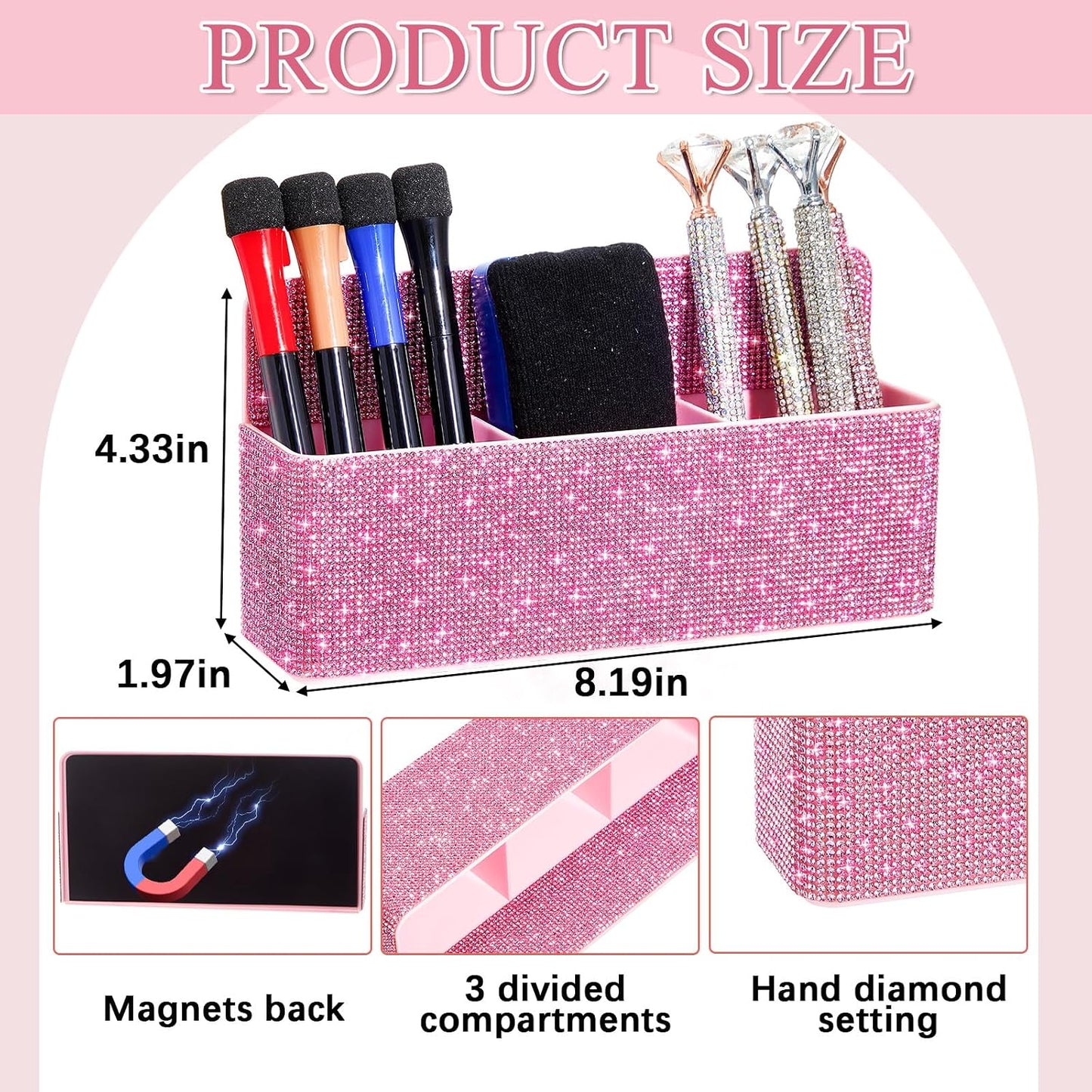 MotiMind Purple Locker Accessories for Girls, Bling Magnetic Pen Holder for Refrigerator, Back to School Rhinestone Marker Holder for Locker, Sparkly Gift for Student (Medium,Rhinestone)