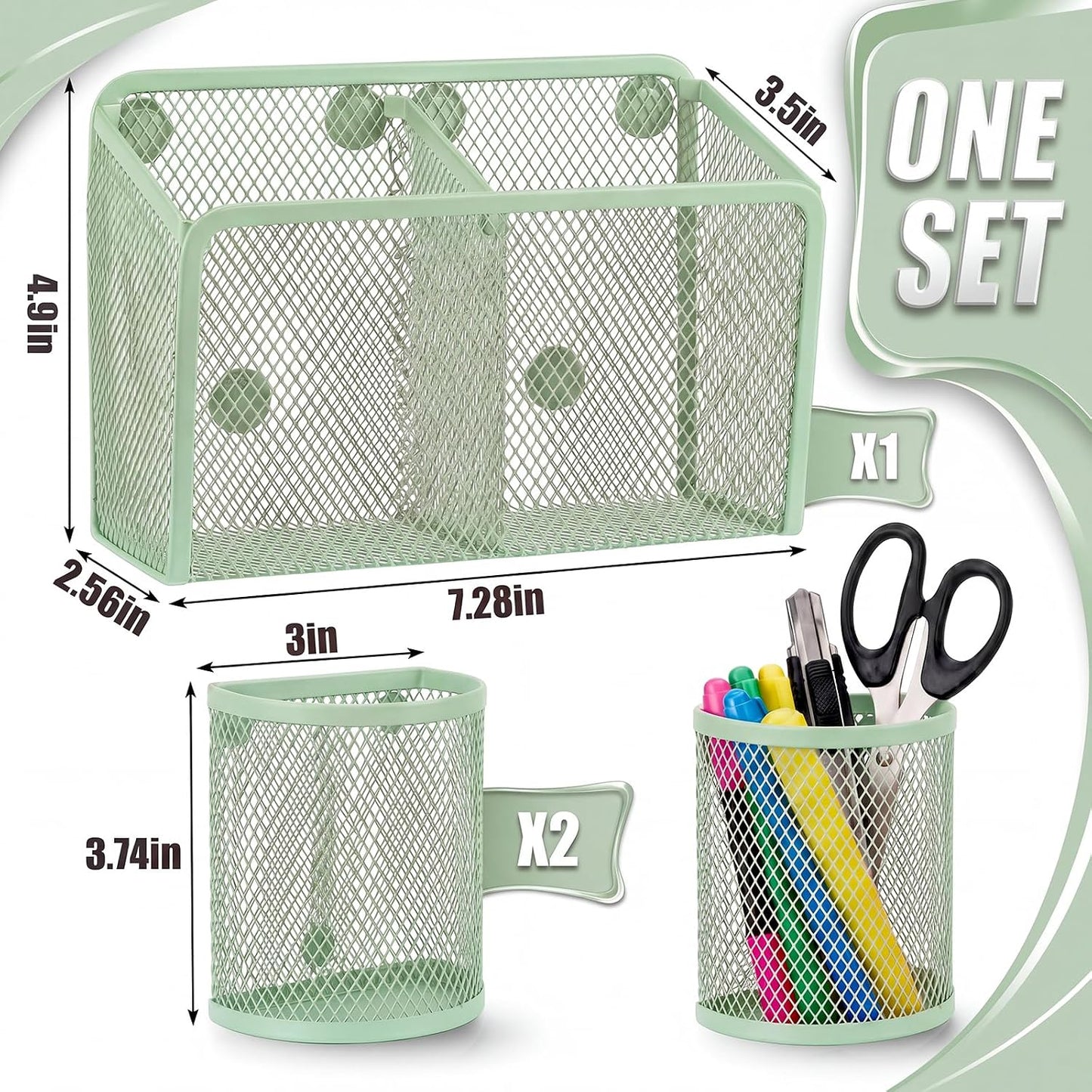 3 Pcs Magnetic Locker Accessories Mesh Metal Pen Holder,Sage Green | Strong Magnets Magnetic Pencil Holder, Mesh Metal Marker Storage Basket Organizer, for Locker Whiteboard Fridge School Office