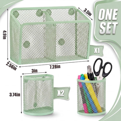 3 Pcs Magnetic Locker Accessories Mesh Metal Pen Holder,Sage Green | Strong Magnets Magnetic Pencil Holder, Mesh Metal Marker Storage Basket Organizer, for Locker Whiteboard Fridge School Office