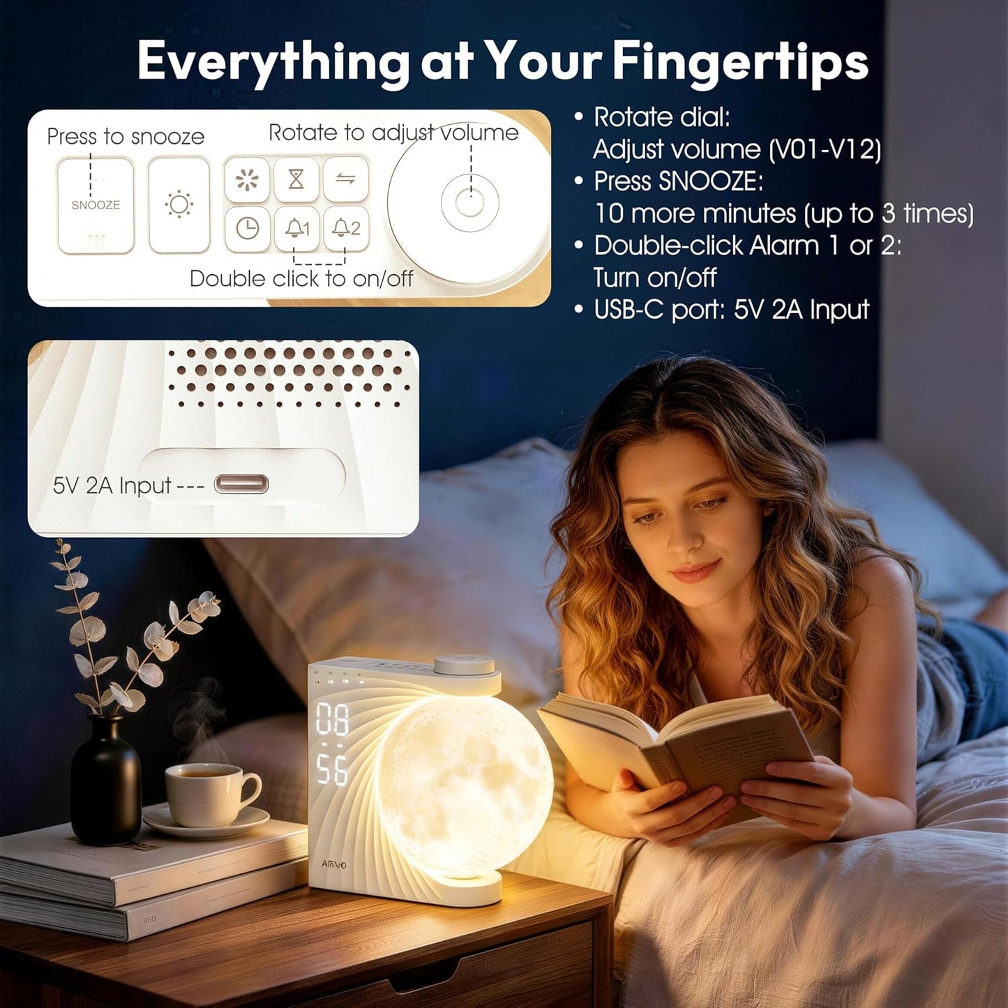 AIRIVO Alarm Clock for Bedrooms, Sunrise Alarm Clock Wake Up Light for Kids Teens, White Noise Sound Machine, Moon Light Dual Alarms for Heavy Sleepers, Night Light Clock for Preppy Room Decor