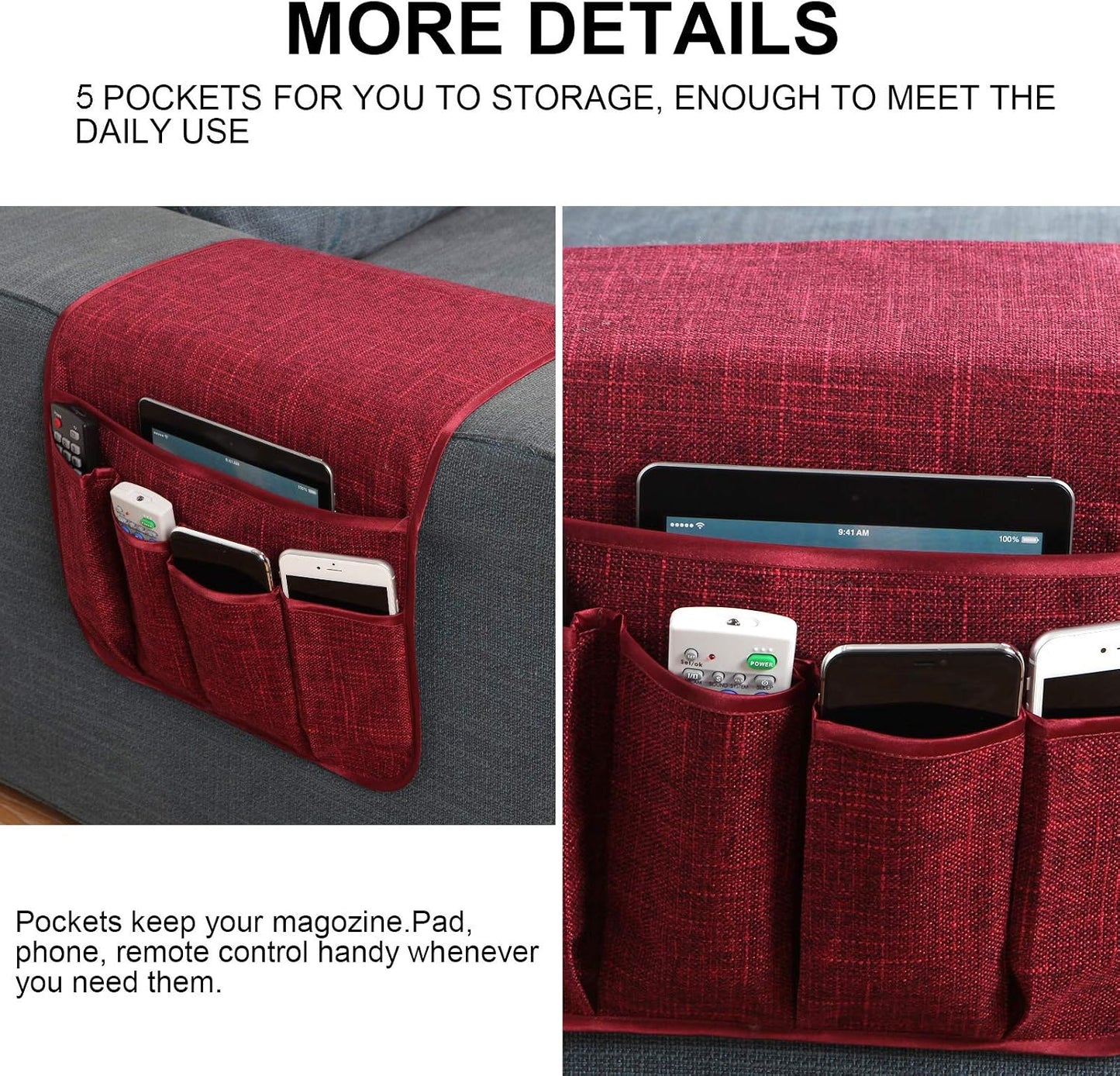 Sofa Armrest Organizer Non-Slip Remote Control Holders for Recliner Couch Chair Armchair Caddy with 5 Pockets for Table,Cell Phone,Ipad,Magazines,Books (Black, 13 x 35 Inch)