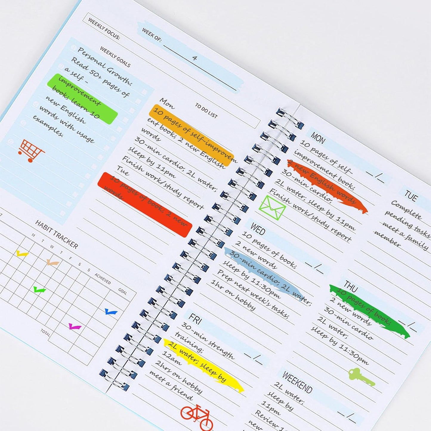 Undated Weekly Planner, A5 Personal Goals Journal Non Dated Weekly Planner to Do List Notebook with Goal Habit Tracker Organizer, Cute Undated Week Planners with Spiral Binding for Kids School Work