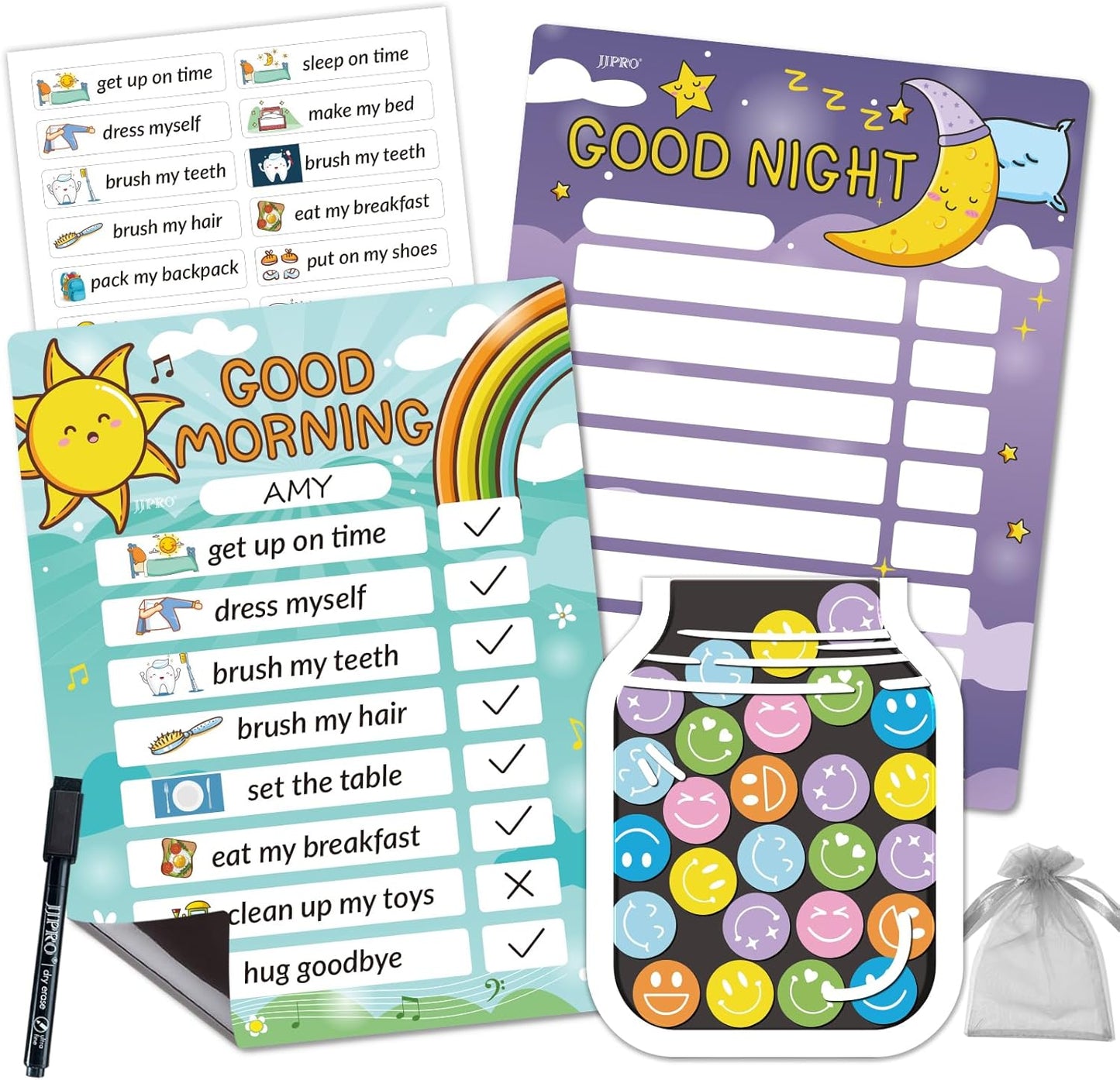 JJPRO Magnetic Bedtime/Morning/Daily Routine Chart for Kids with Reward Jar-Morning Routine Chart,Daily Checklist Reward Chart for Toddlers,Reward Jar for Kids,Cute Visual Schedule Board for Home