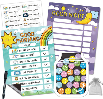 JJPRO Magnetic Bedtime/Morning/Daily Routine Chart for Kids with Reward Jar-Morning Routine Chart,Daily Checklist Reward Chart for Toddlers,Reward Jar for Kids,Cute Visual Schedule Board for Home