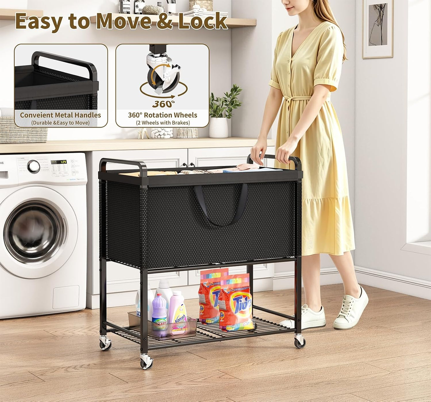 Laundry Hamper Rolling Sorter: 120L Large Basket with Wheels Removable Bag | Solve laundry clutter – rolling sorter with washable bag – Ideal for home, dorm & bedroom organization