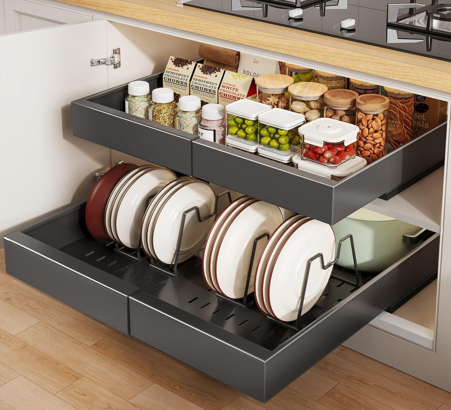 Seinloes 2Pack Pull out Cabinet Organizer 21"Deep with 4 Adjustable Dividers,Expandable（12.1"-20.4"W） Pots and Pans Organizer Under Cabinet with Raising Pad for Framed Cabinets,Slide out Drawers,White