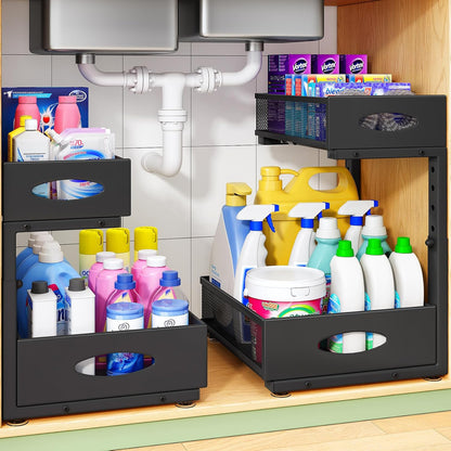 Under Sink Organizer, 2-Pack Pull Out Cabinet Organizer 2 Tier Metal Slide Out Storage Shelf Rack, L-Shaped Adjustable Height,Mesh Sliding Drawer for Kitchen, Bathroom, Laundry, Pantry, White, XL