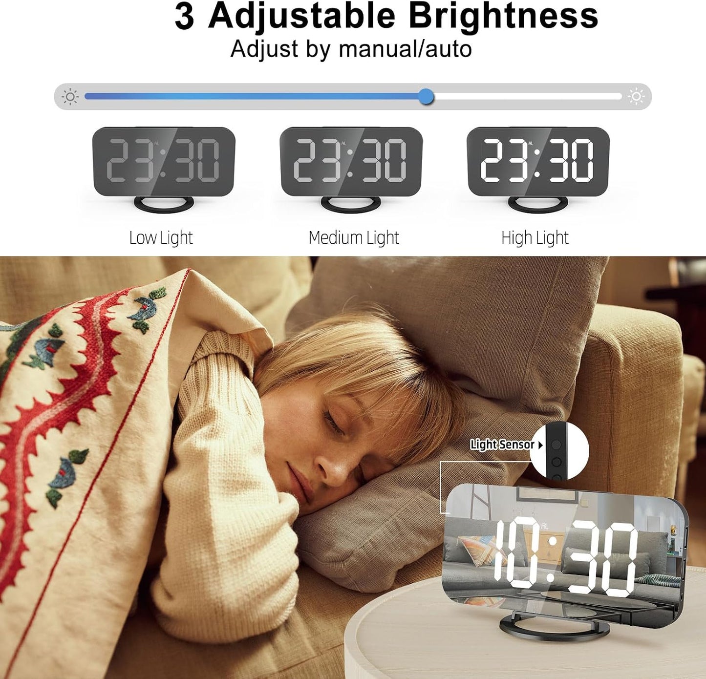 Digital Vibration Alarm Clock with Loud Sound 12/24 Hour Bed Shaker Auto-Dimming Night Light Snooze Memory Function for Heavy Sleepers Bedroom Home
