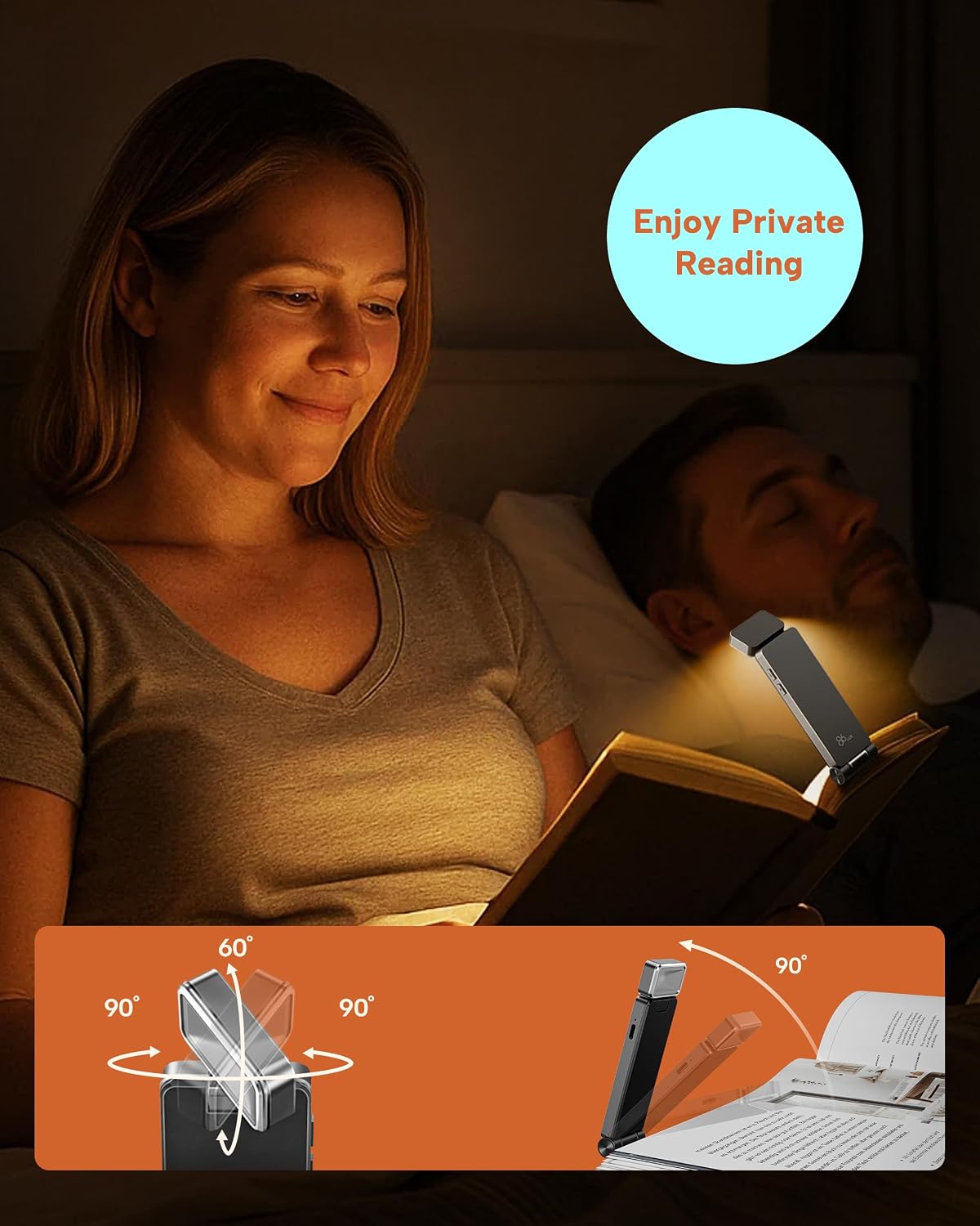 86lux Book Light, Rechargeable Reading Lights for Books in Bed | Ultralight Clip-on LED Bookmark Lamp with 3 Amber Colors & Stepless Dimming for Night Reading for Book Lovers, Ashen