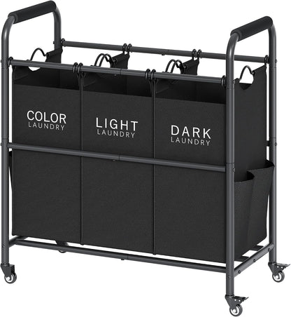 2 Bag Laundry Sorter Cart, Black & Grey | 50lbs Large Capacity, Removable Laundry Bags, Heavy Duty Lockable Rolling Wheels, Laundry Hamper Basket for Clothes Storage