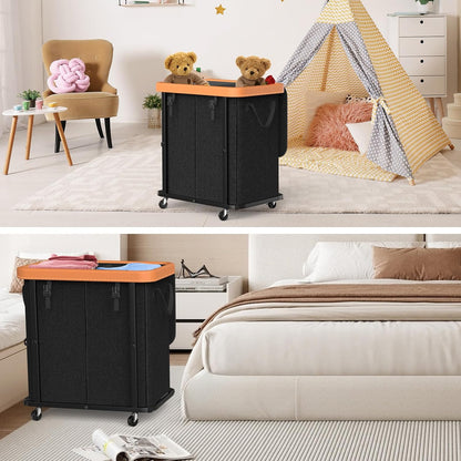 Laundry Hamper with Wheels,150L Leather Patchwork Clothes Hamper Black | Rolling Laundry Basket with Sturdy Metal Frame, Removable Washable Bag,Tall Clothes Sorter for Bedroom, Laundry Room, Dorm