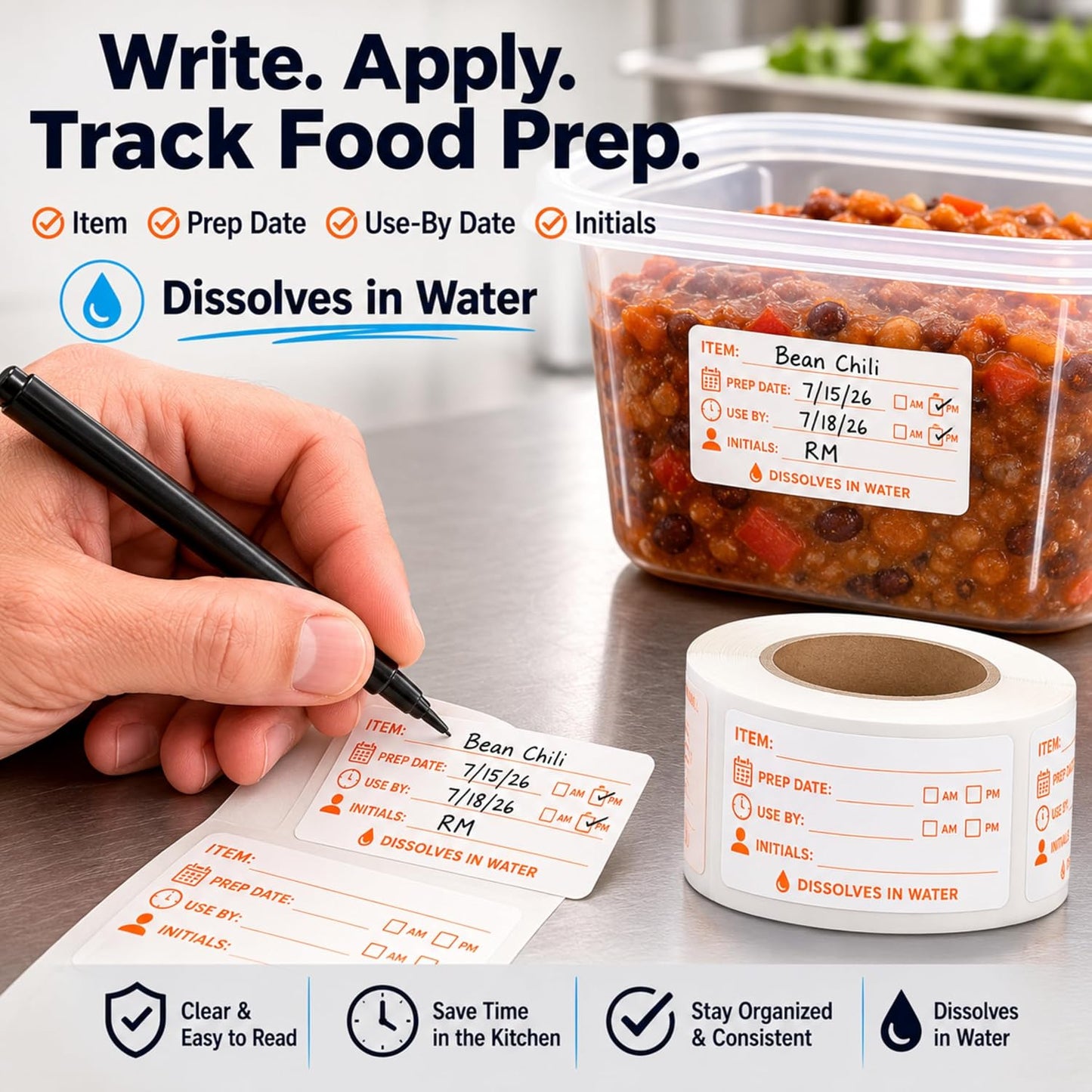 Water Dissolvable Prep & Use By Food Labels, 1 x 2, 500/Roll | Writable Rotation Stickers with Item, Date, AM/PM and Initials for Restaurants, Kitchens, Freezers and Storage. Made in USA