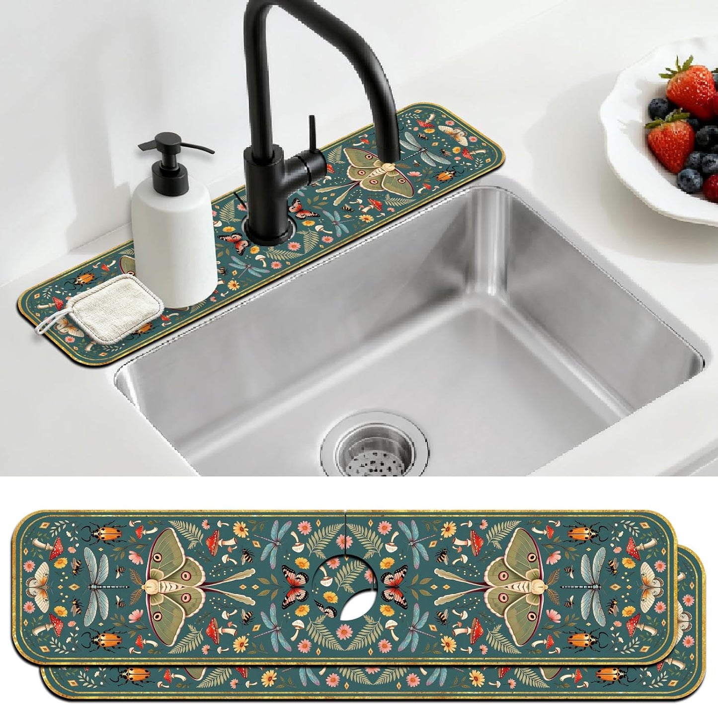 2 Pcs Kitchen Sink Splash Guard Faucet Mat Wood Grain Pattern Faucet Mat for Sinks Natural Wood Color Absorbing Drying Mats for Kitchen Bathroom, 23.6x5.5inch