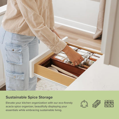 Expandable Spice Drawer Organizer, Bamboo | Holds up to 15 spice jars (not included), non-slip feet, 100% sustainable bamboo wood