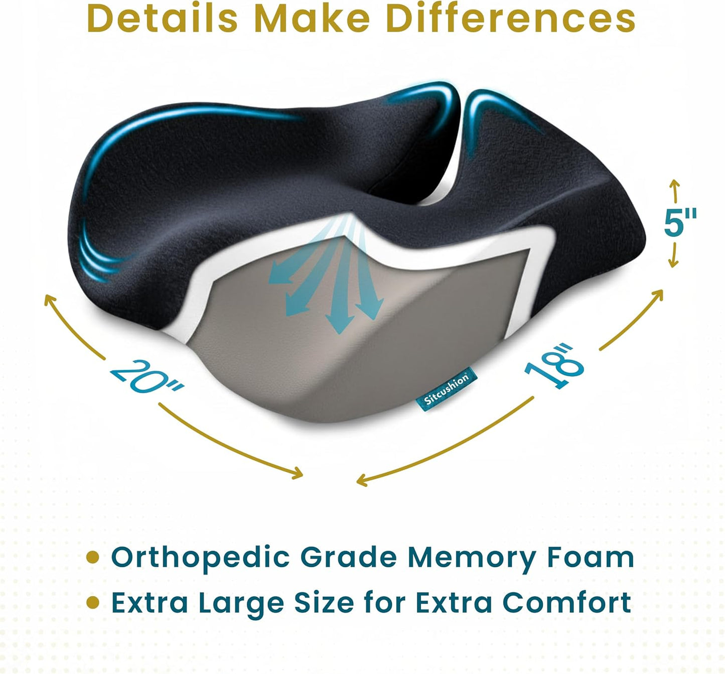 SitCushion Extra Large Memory Foam Seat Cushions for Office Chairs, Pressure Relief Seat Cushion for Tailbone Pain Relief, Sciatica & Back Pain, Ergonomic Office Chair Cushion for Long Sitting (Black)