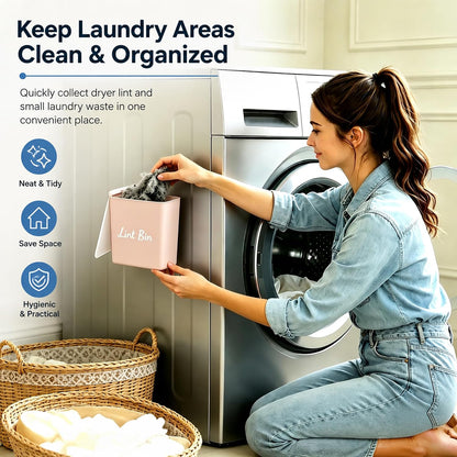 Magnetic Lint Bin with Lid for Laundry Room, Compact Plastic Dryer Lint Holder, Small Laundry Trash Container for Dryer Lint & Used Dryer Sheets, Space Saving Storage Decor Organizer (Black)