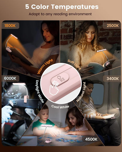 Glocusent 26 LED Reading Lights for Books in Bed, Ideal Gifts for Reader | Rechargeable Book Light, Eye Caring 5 Amber Colors Stepless Dimming, Travel Lightweight Clip-on, Book Lovers Men Women Kids