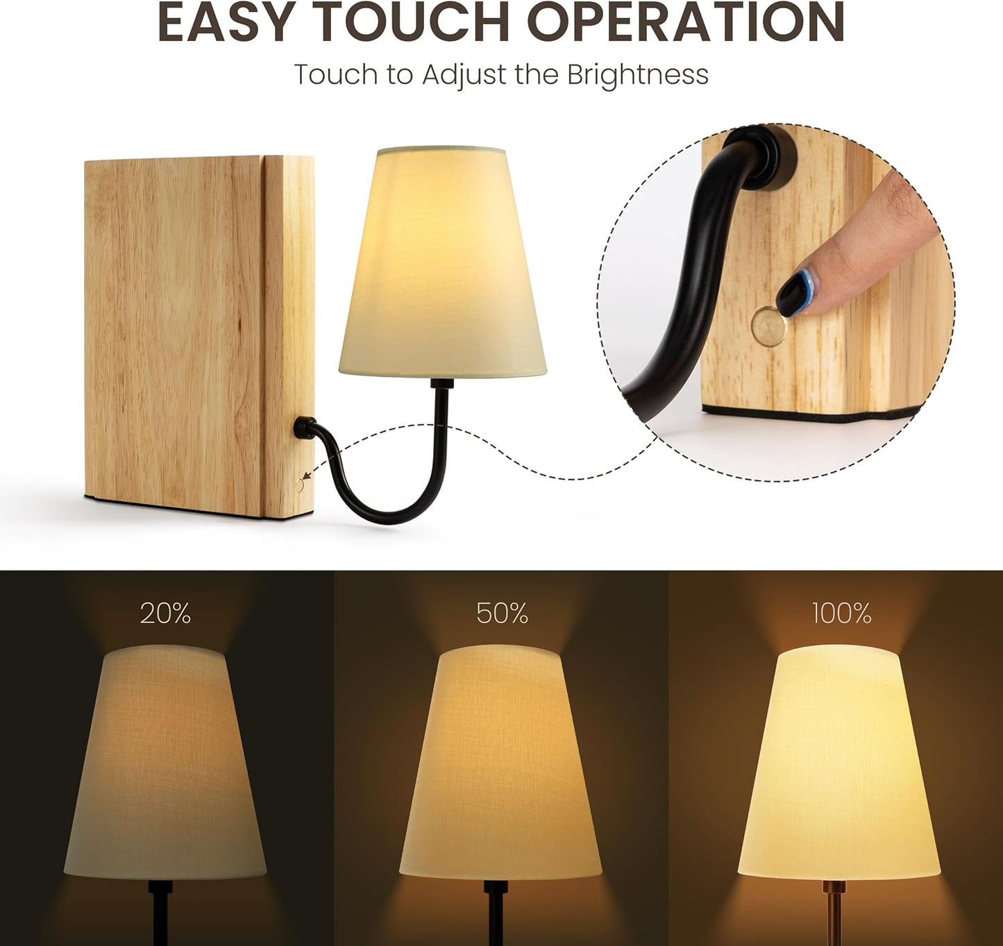 AELS Solid Wood Bookshelf Lamp with Bulb, Cordless Rechargeable Touch Dimmable Table Lamp with Linen Fabric Shade, Modern Decorative Bookend Lamp for Bedroom, Office & Bookshelf Decor, Dark Brown