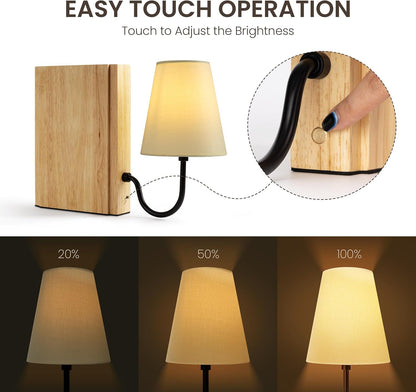 AELS Solid Wood Bookshelf Lamp with Bulb, Cordless Rechargeable Touch Dimmable Table Lamp with Linen Fabric Shade, Modern Decorative Bookend Lamp for Bedroom, Office & Bookshelf Decor, Dark Brown