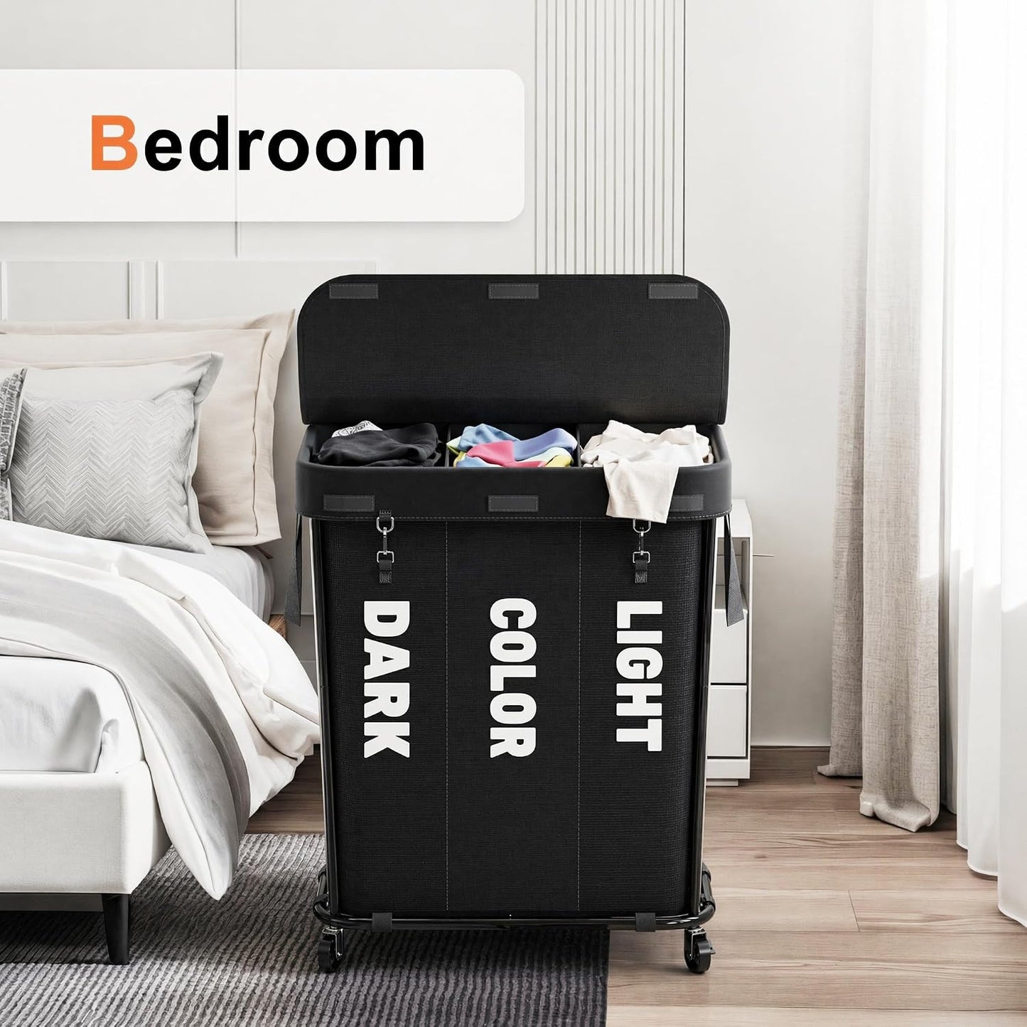 Laundry Sorter with Wheels 240L Rolling Laundry Cart,3 Compartment Designed Removable Laundry Bag for Daily Use in Bathrooms and Laundry Rooms (Brown, 240L)