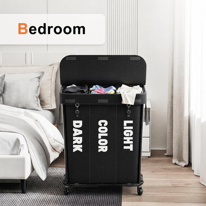 Laundry Sorter with Wheels 240L Rolling Laundry Cart,3 Compartment Designed Removable Laundry Bag for Daily Use in Bathrooms and Laundry Rooms (Brown, 240L)