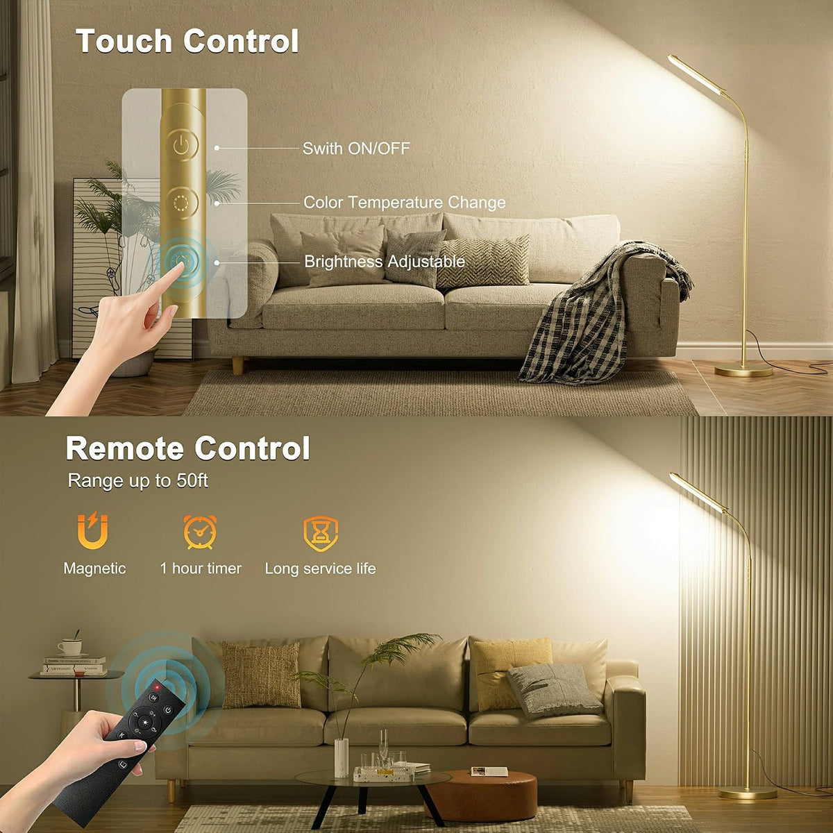 Yikuneng Dimmable LED Floor Lamp, Super Bright Reading Lamps Floor Standing lamp with Remote & Touch Control, Stepless Dimming & 2700K-6500K Color Temperature, for Living Room Bedroom Office, Black