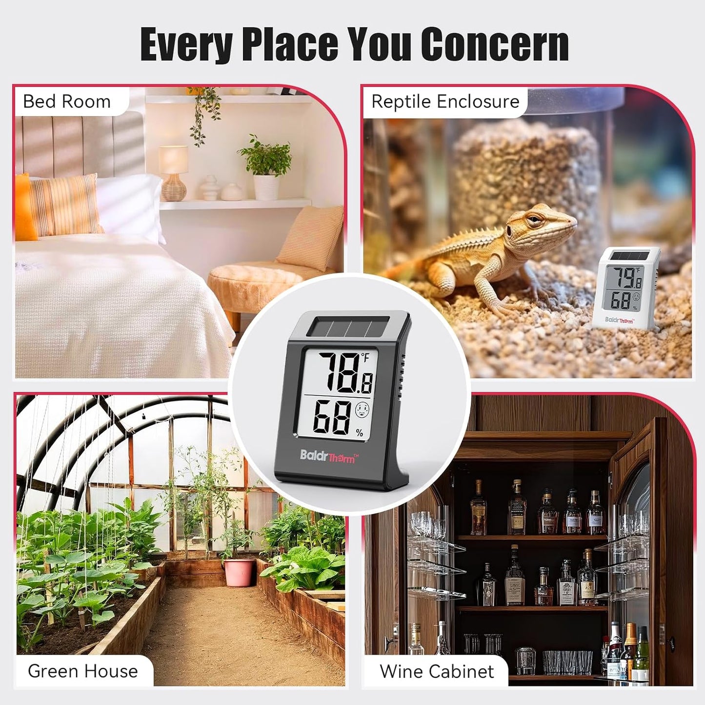 2.2'' Digital Thermometer and Hygrometer Meter, Solar-Powered Indoor Temperature Sensor Humidity Monitor, Humidity Gauge for Baby Rooms, Bedrooms, Home, Office, and Wine Cellars, White, 2Pack