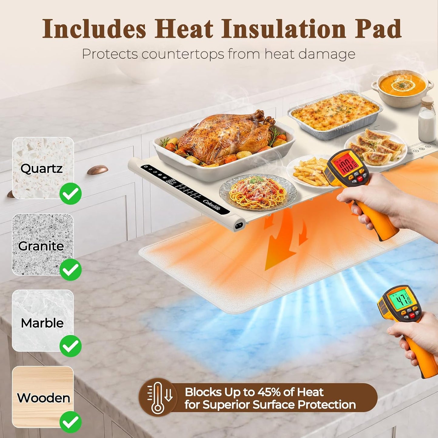 Warming Mat for Food, Electric Warming Tray with Heat-Resistant Pad-L Grey | Colorlife 6 Preset Modes, 7 Temps, 6H Timer, Child Lock, Auto-Memory, Rollable Silicone Food Warmer for Buffet, Parties