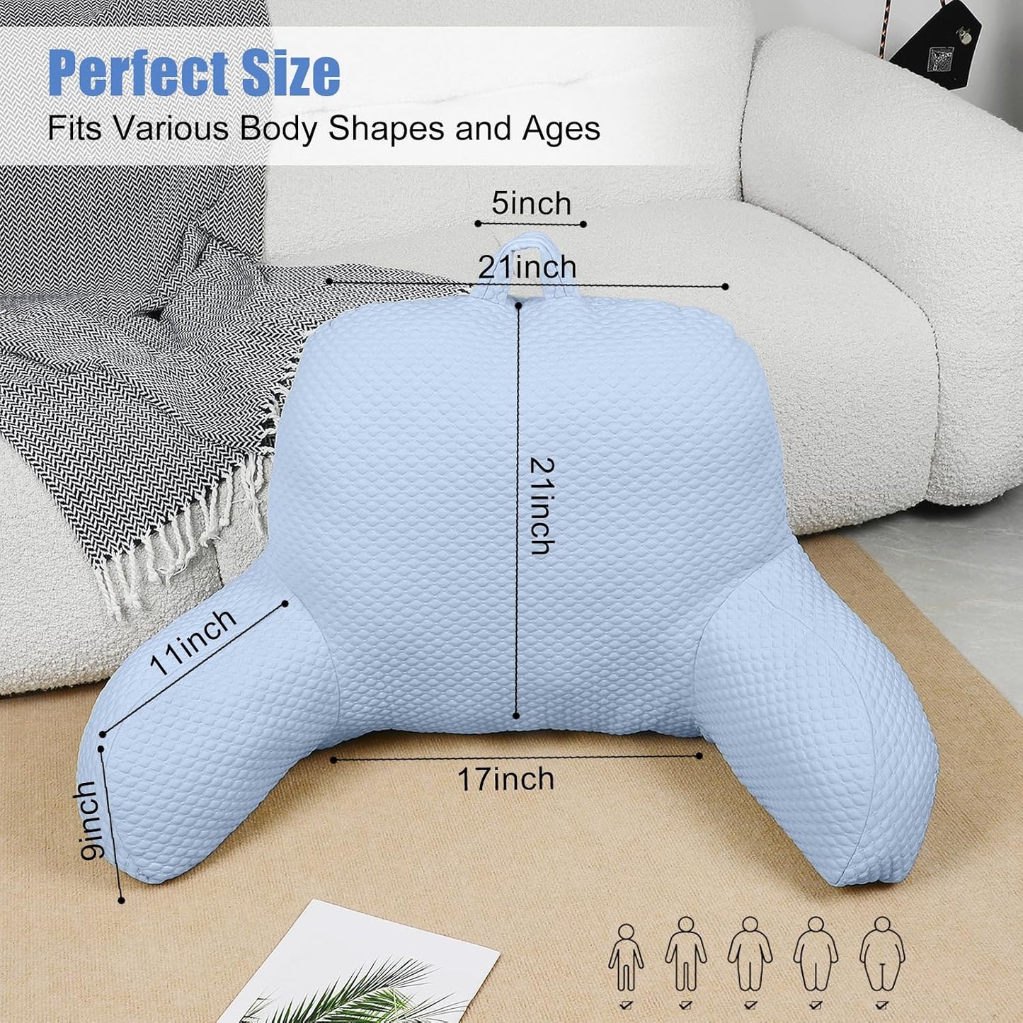 Reading Pillow, Ice Silk Bean Back Pillow for Bed Sitting Up, Adult Back-Rest Support Cushion with Arms for Sit Up on Couch, Sofa, and Floor, Dorm Essentials, Reading Accessories, Blue
